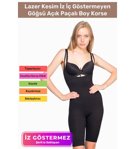 Premium Lazer Kesim İz İç Göstermeyen Kaymaz Toparlayıcı Şekillendirici Göğsü Açık Paçalı Boy Korse (Siyah)