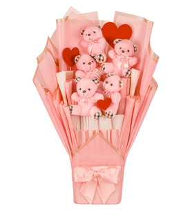 Ekose Desenli Pembe Peluş Ayıcık Büyük Hediye Buketi