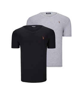 İKİLİ SET T8568 DEWBERRY V YAKA ERKEK T-SHIRT-SİYAH-GRİ