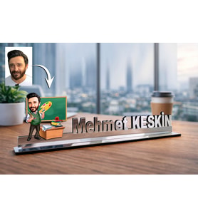 Kişiye Özel Öğretmen Karikatürlü 30 cm Ayna Pleksi Masaüstü İsimlik - Öğretmen Hediyesi Öğretmene Özel Hediye
