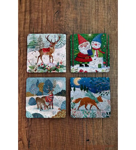 Yeni Yıl - Yılbaşı Doğal Taş Bardak Altlığı Uv Baskılı 4'lü Set - Stone Coasters