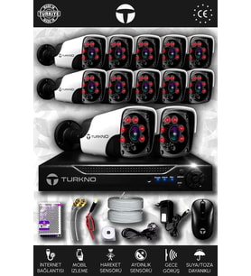 TURKNO 12 Kameralı Pania 12 Dış Kamera Set HDD'siz Full HD Gece Görüşlü Güvenlik Kamerası Sistemi