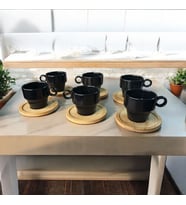 WPAWZ Siyah Seramik Kahve/Çay Fincanları ve Bambu Altlık Seti (Siyah)