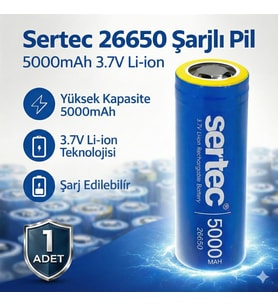 Sertec 26650 Şarjlı Pil 5000mAh 3.7V Li-ion Başlıksız Düz