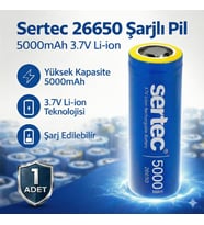 Sertec 26650 Şarjlı Pil 5000mAh 3.7V Li-ion Başlıksız Düz