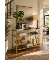 Gold Metal Üç Katlı Şeffaf Cam 100cm Dresuar Modern Salon ve Antre Konsolu