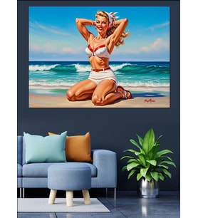 Kumsalda Retro Pin-Up Kızı Dekoratif Kanvas - Mdf Ahşap Tablo