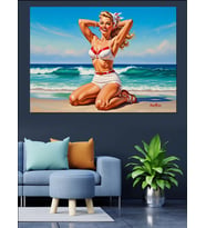 Kumsalda Retro Pin-Up Kızı Dekoratif Kanvas - Mdf Ahşap Tablo
