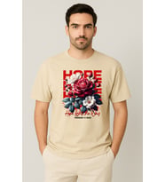 Erkek - Kadın %100 Pamuk Hope Gül Desenli Baskılı Yarım Kollu Bisiklet Yaka T-Shirt (Bej)