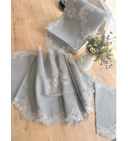 Salon Takımı 5 Parça Keten Dantelli Masa Örtüsü Runner Seti Çeyizlik Firuze Model No 486745Gri