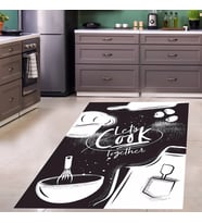 Let's Cook Together Dijital Baskı Yıkanabilir Kaymaz Taban Leke Tutmaz Mutfak Halısı ve Yolluk (Siyah)