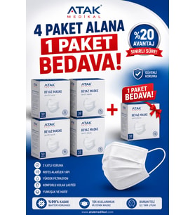 Atak Medikal Beyaz Maske 50'li 4 Paket alana 1 Paket Bedava