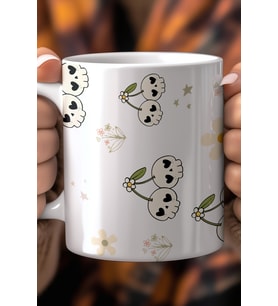 Sevimli Kuru Kafa ve Kiraz Desenli 330ml Baskılı Beyaz Seramik Kupa Bardak