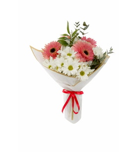 Beyaz Bukette Beyaz Papatya Ve Pembe Gerbera