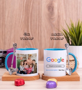 Eczacıya Hediye Google Tasarım Fotoğraflı Ahşap Altlıklı Mavi Kupa