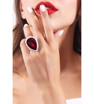 Kadın Antik Gümüş Kaplama Kırmızı Swarovski Taşlı Damla Yüzük