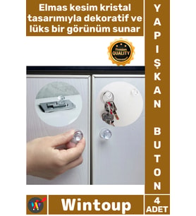 #Buton Dekoratif Şık Dolap Kulp Sifon 4 Adet Kristal Tasarımlı Çok Amaçlı Yapışkanlı Tutacak Buton