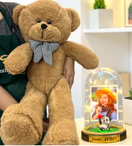 Kişiye Özel Premium Hediye Seti  Led Işıklı Fanus ve 80cm Büyük Boy Kahve Peluş Ayıcık (Model 1)