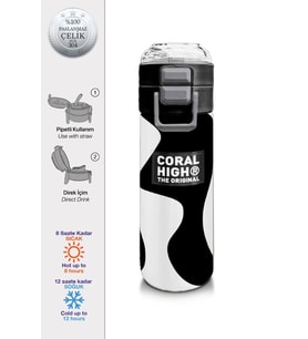 Coral High 500 ml Paslanmaz Çelik Okul Termosu/Suluk/Matara - Erkek Çocuk - Siyah Beyaz Desenli  - Sızdırma Yapmaz