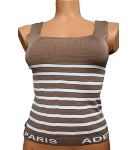 Kahverengi Beyaz Çizgili Kare Yaka Atlet Triko Bluz Crop S / M / L Beden Uyumlu
