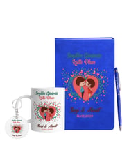 Sevgililer Gününe Özel Mavi Defter Kalem Kupa & Süblimasyon Anahtarlık Hediye Seti 3