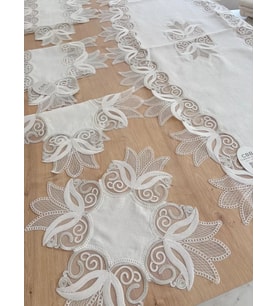 Salon Takımı Çeyizlik Kreme Gümüş Runner Set 5 Parça Keten Ranır Masa Konsol Sehpa Örtüsü Kayla