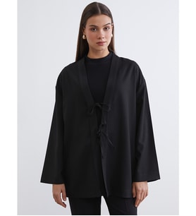 LCW Modest Siyah Şal Yaka Çizgili Oversize Kadın Kimono