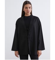 LCW Modest Siyah Şal Yaka Çizgili Oversize Kadın Kimono