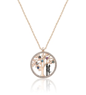 Kadın Hayat Ağacı Renkli Nano Zirkon Taşlı Rose Gold Kaplama 925 Ayar Gümüş Kolye