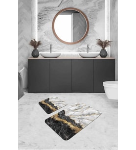 Siyah Mermer Görünümlü Banyo Halısı Klozet Paspas Seti BS305