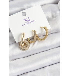 Pirinç Zİrkon Taşlı Halka Model Gold Renk 3'lü Kadın Küpe (Altın)
