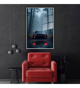 Metal Çerçeveli Temperli Cam Tablo Dodge Demon Araba ve Orman (Gümüş)