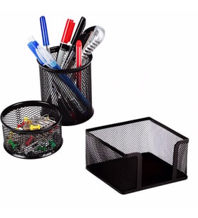 Masaüstü 3'lü Set Metal Siyah Kalemlik + Ataşlık + Küp Notluk Siyah