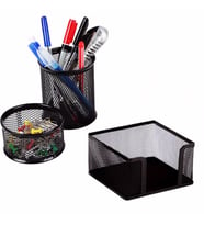 Masaüstü 3'lü Set Metal Siyah Kalemlik + Ataşlık + Küp Notluk Siyah