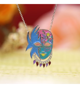Beyaz Taşlı Mineli Rengarenk Maske Gümüş Kolye
