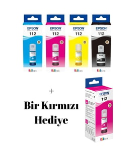 112 Ecotank L6570 Siyah Ve Renkli Orjinal Mürekkep takımı + 1 Bir Kırmızı Hediye A1-01-s-213 1-