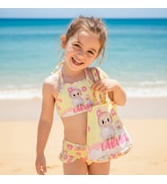 Kız Çocuk karakter Baskılı Eteği Fırfırlı- ip bağlamalı ÇANTA Mayo Bikini 3 lü Takım