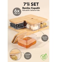 7 Parça Bambu Kapaklı Kahvaltılık Seti - Bambu Tepsili Vakumlu Sızdırmaz Kapaklı Saklama Kabı 250 ml