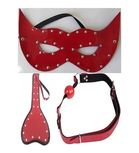 Kırmızı Deri Fantezi Göz Maskesi Deri Fantezi Şaplak Deri Fantezi Ağız Topu + Erotik Masaj Yağı(Leather Fantasy Eye Mask, Leather Fantasy Spank, Leather Fantasy Mouth Ball Set of 3 + Erotic Massage Oil)