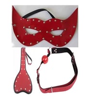 Kırmızı Deri Fantezi Göz Maskesi Deri Fantezi Şaplak Deri Fantezi Ağız Topu + Erotik Masaj Yağı(Leather Fantasy Eye Mask, Leather Fantasy Spank, Leather Fantasy Mouth Ball Set of 3 + Erotic Massage Oil)