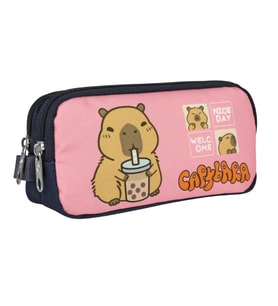 Capybara Kız Çocuk İki Bölmeli Kalem Çantası - Lacivert - Pembe - 5205 (Çok Renkli)