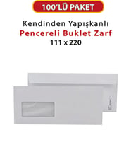 Buklet Beyaz Zarf 100'lü 110gr Pencereli Fatura Zarfı Para Zarfı Silikonlu (Doğal Beyaz)