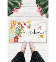 Welcome Cheerful Flowers Temalı Kapı Önü Ve Iç Mekan Paspası