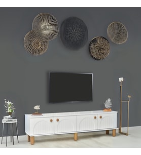 Lidya Beyaz Klasik Tv Sehpası 4 Kapaklı Kavisli Kapak Detaylı Düz Yüzeyli Tasarım 180x36x50 Cm