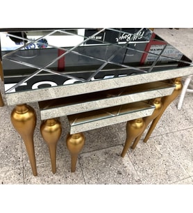 Zigon Sehpa TOMBUL Torna Model Parlak Gold renk Kayın Ayak çizgili  Ayna tabla  El Yapım