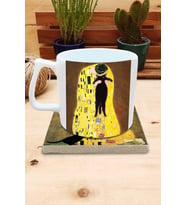 Kediler ve Sanat/Gustav Klimt The Kiss  Set 10 - Yelken Fincan Kupa-Taş Bardak Altlığı 5