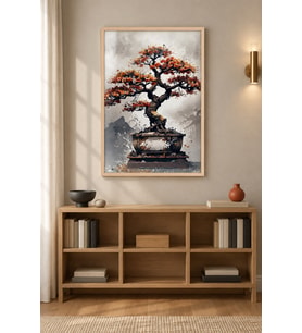 Turuncu Bonsai Mürekkep Sahne Ahşap Çerçeveli Duvar Tablosu