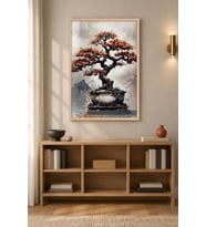 Turuncu Bonsai Mürekkep Sahne Ahşap Çerçeveli Duvar Tablosu