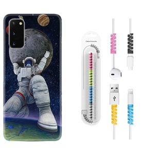 Samsung A02S A03S A10 A12 A13 A21S A22 Kılıf Kablo Koruma Spiral Silikon Astronot ve Dünya 1759