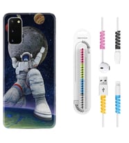 Samsung A02S A03S A10 A12 A13 A21S A22 Kılıf Kablo Koruma Spiral Silikon Astronot ve Dünya 1759